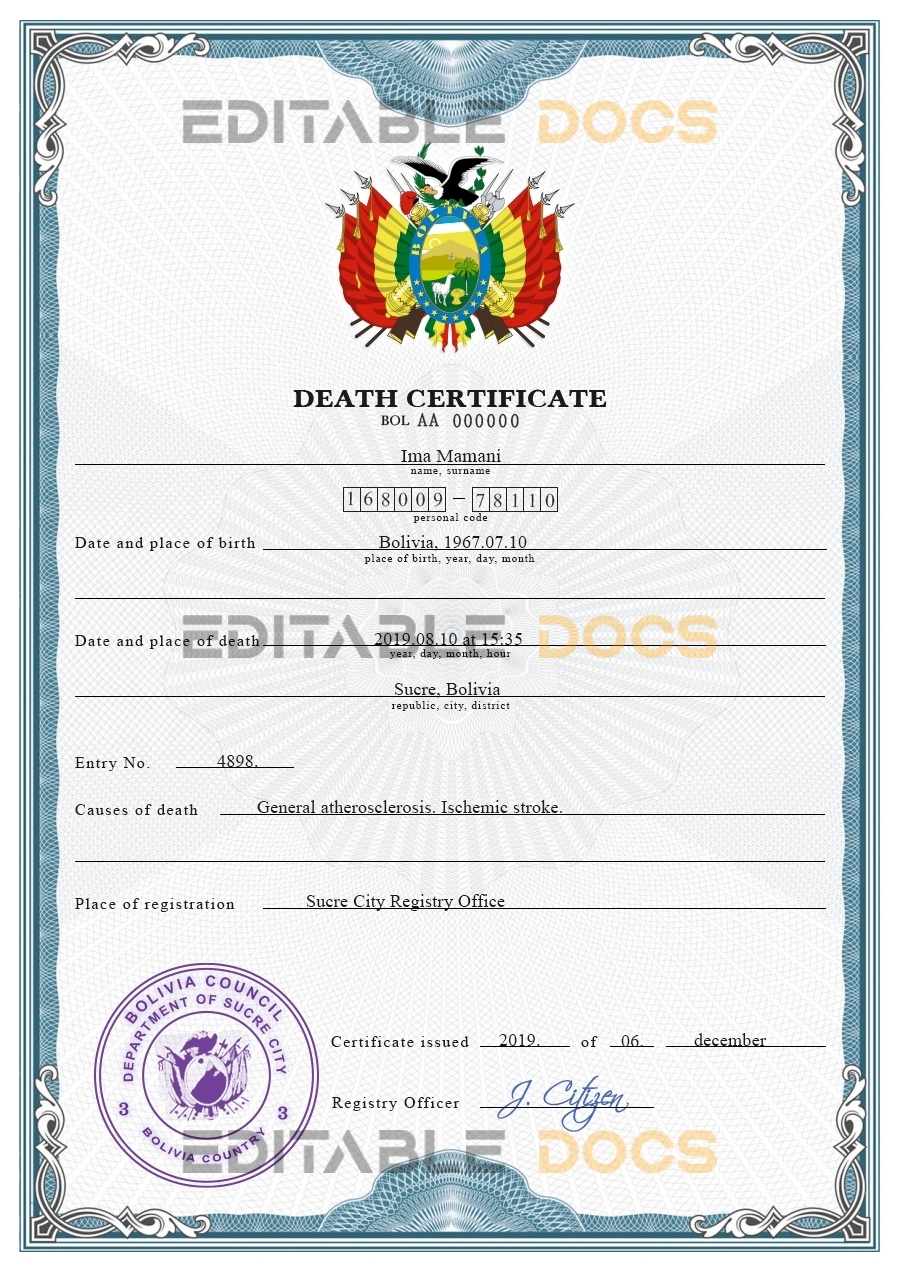Customizable Bolivia Death Certificate PSD Templates | Instant Download