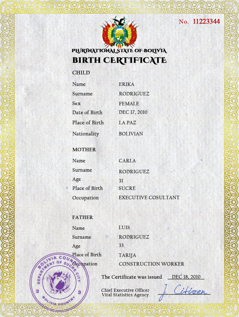 Authentic Bolivia Birth Certificate Template | Customize and Download Online