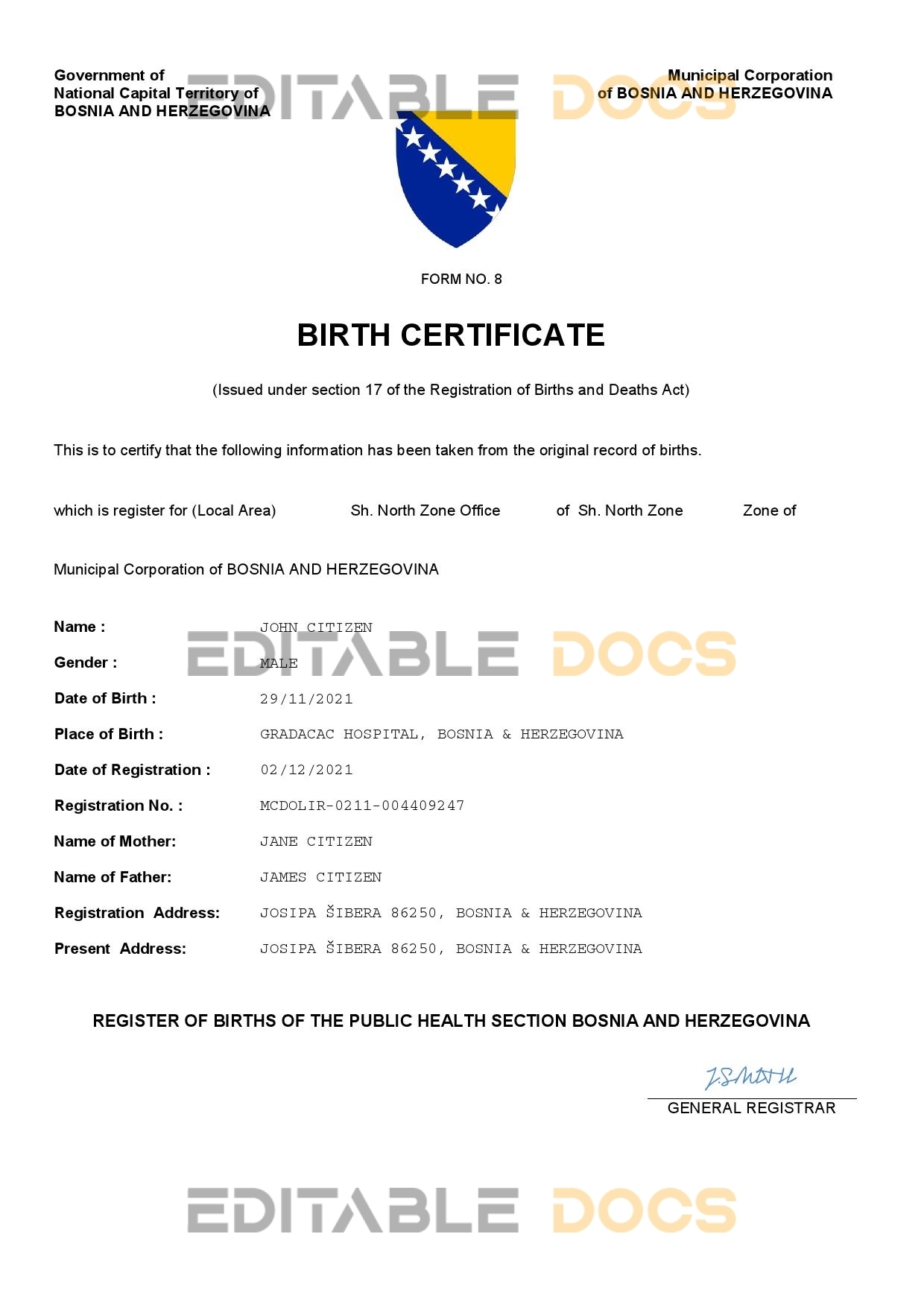 Authentic Bosnia and Herzegovina Birth Certificate Template | Customize and Download Online