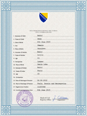 Authentic Bosnia and Herzegovina Birth Certificate Template | Customize and Download Online