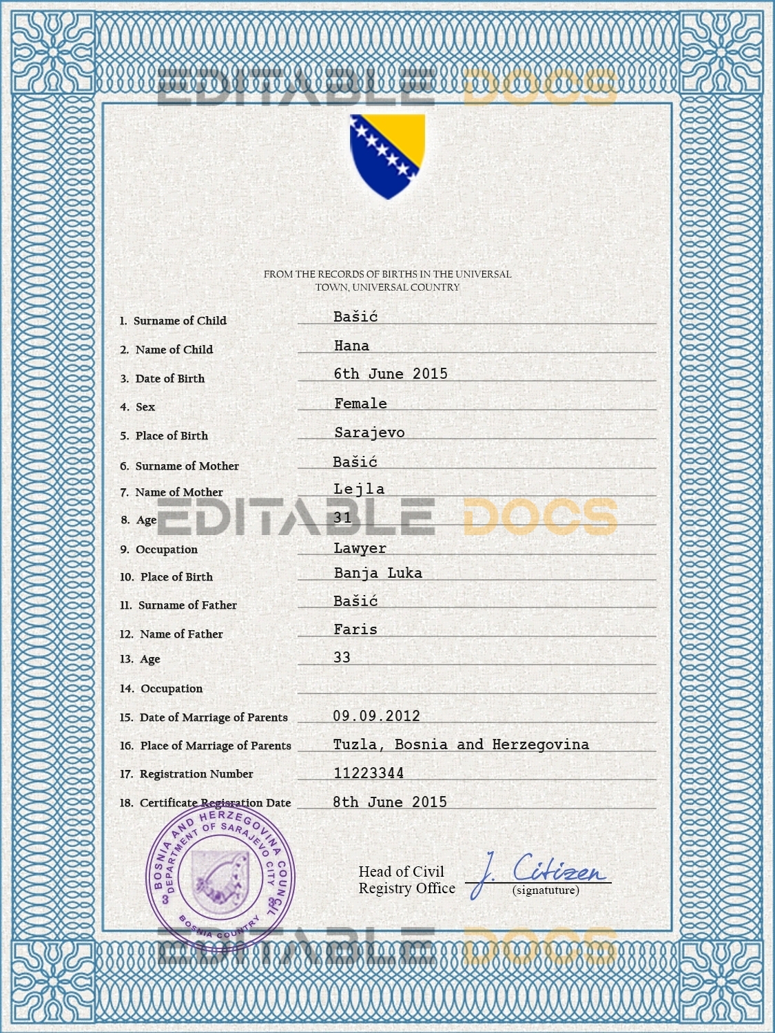 Authentic Bosnia and Herzegovina Birth Certificate Template | Customize and Download Online