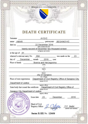 Bosnia and Herzegovina vital record death certificate PSD template, completely editable
