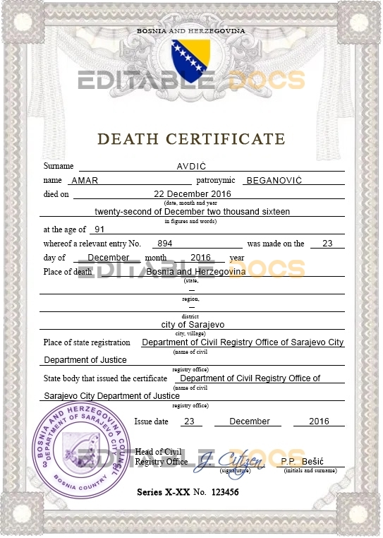 Bosnia and Herzegovina vital record death certificate PSD template, completely editable