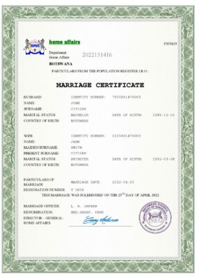 Botswana Marriage Certificate Editable PDF Templates