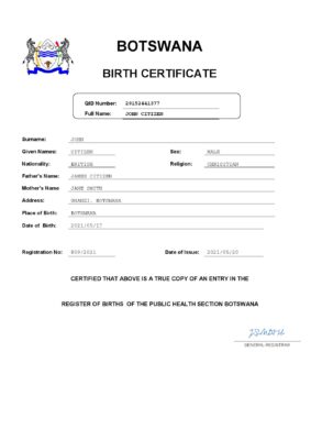 Botswana birth certificate Word and PDF template, completely editable