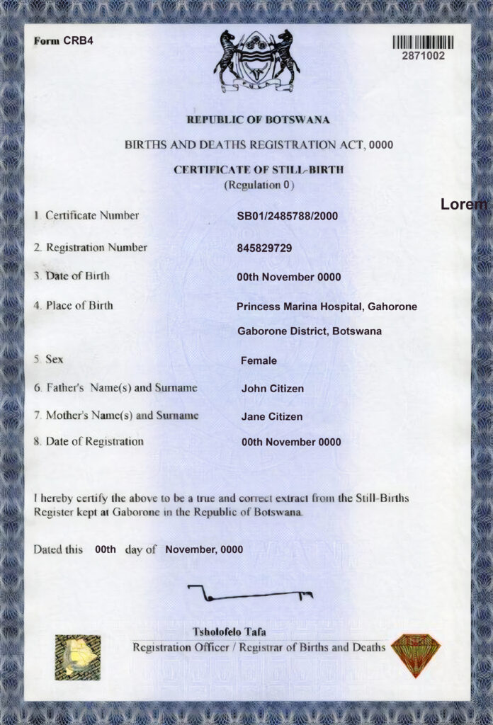 Botswana birth certificate template in PSD format, fully editable