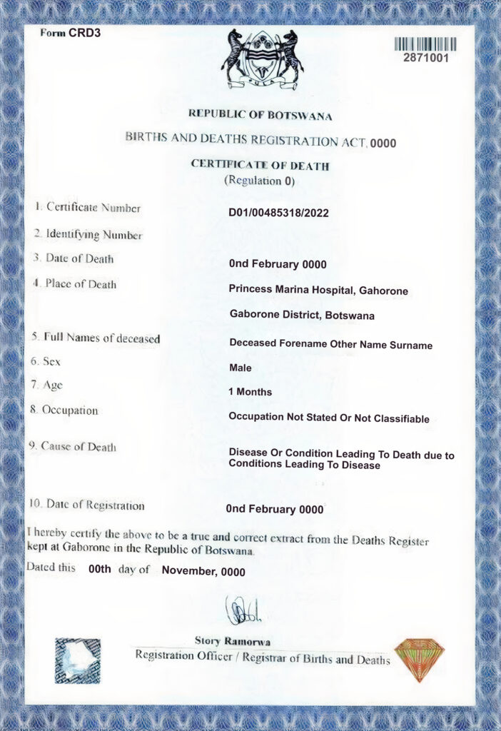 Botswana death certificate template in PSD format, fully editable
