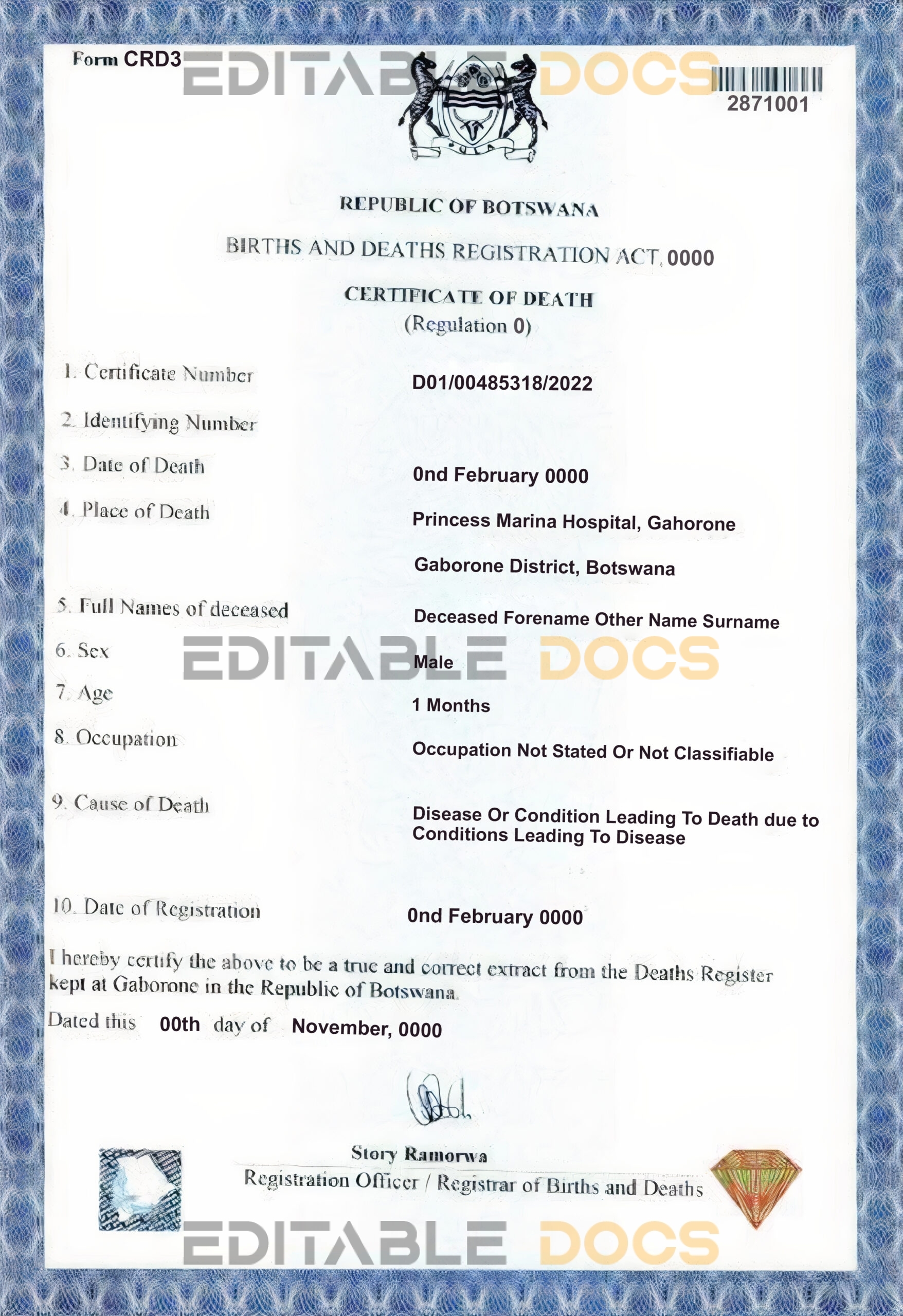 Customizable Botswana Death Certificate PSD Templates | Instant Download