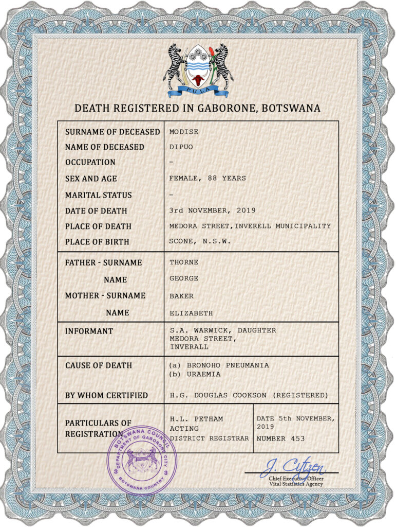 Botswana vital record death certificate PSD template