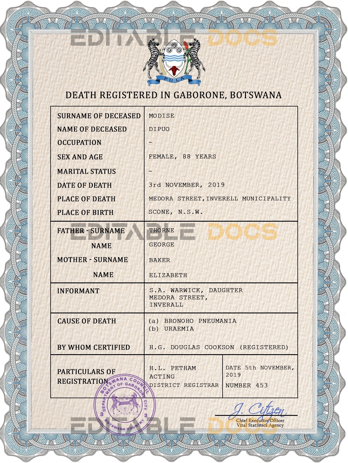Customizable Botswana Death Certificate PSD Templates | Instant Download