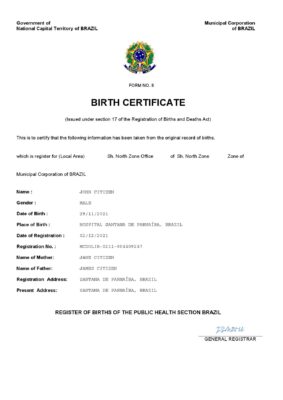 Brazil vital record birth certificate Word and PDF template, completely editable