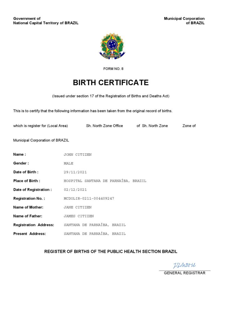 Brazil vital record birth certificate Word and PDF template, completely editable