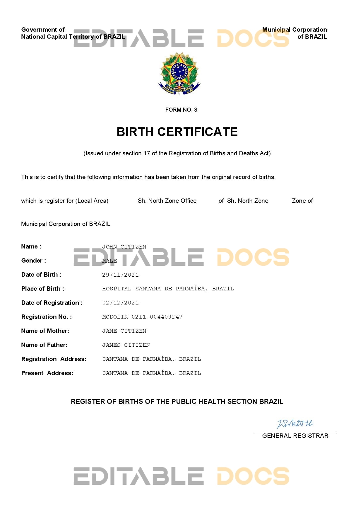 Authentic Brazil Birth Certificate Template | Customize and Download Online
