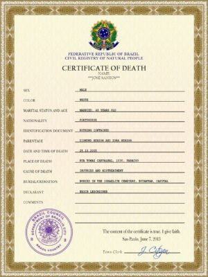 Brazil death certificate PSD template, completely editable