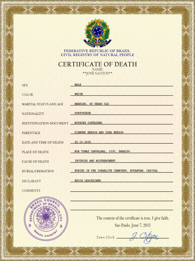 Brazil death certificate PSD template, completely editable
