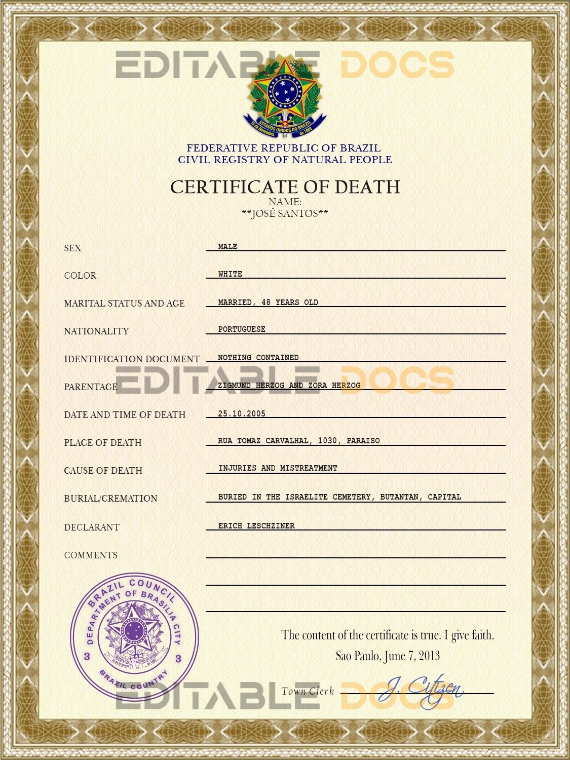 Customizable Brazil Death Certificate PSD Templates | Instant Download
