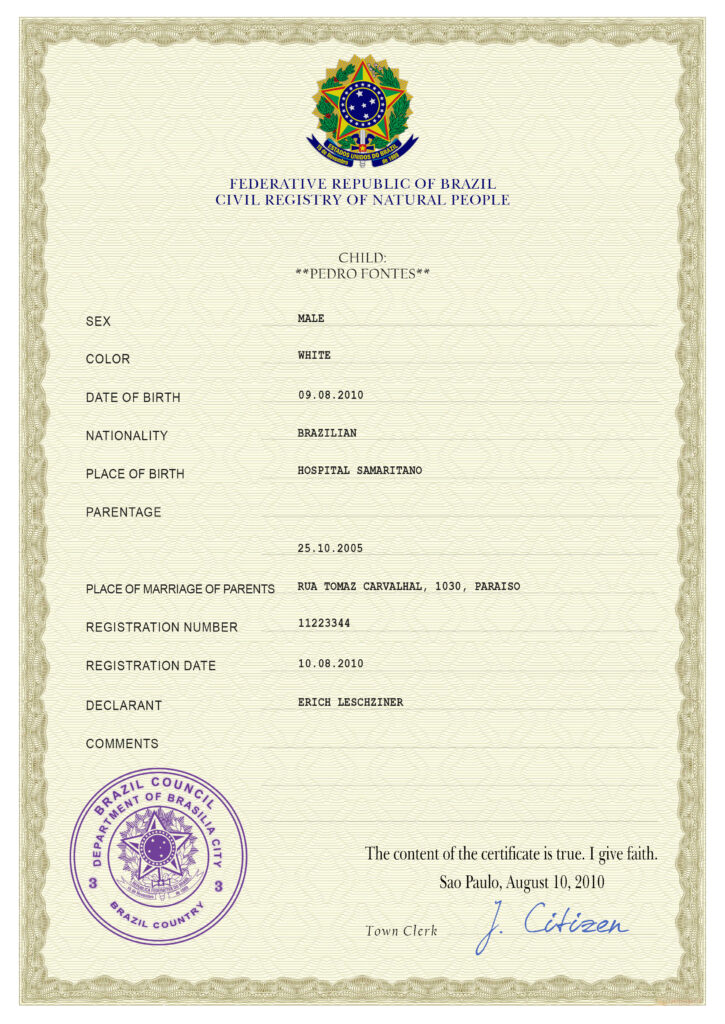 Brazil vital record birth certificate PSD template