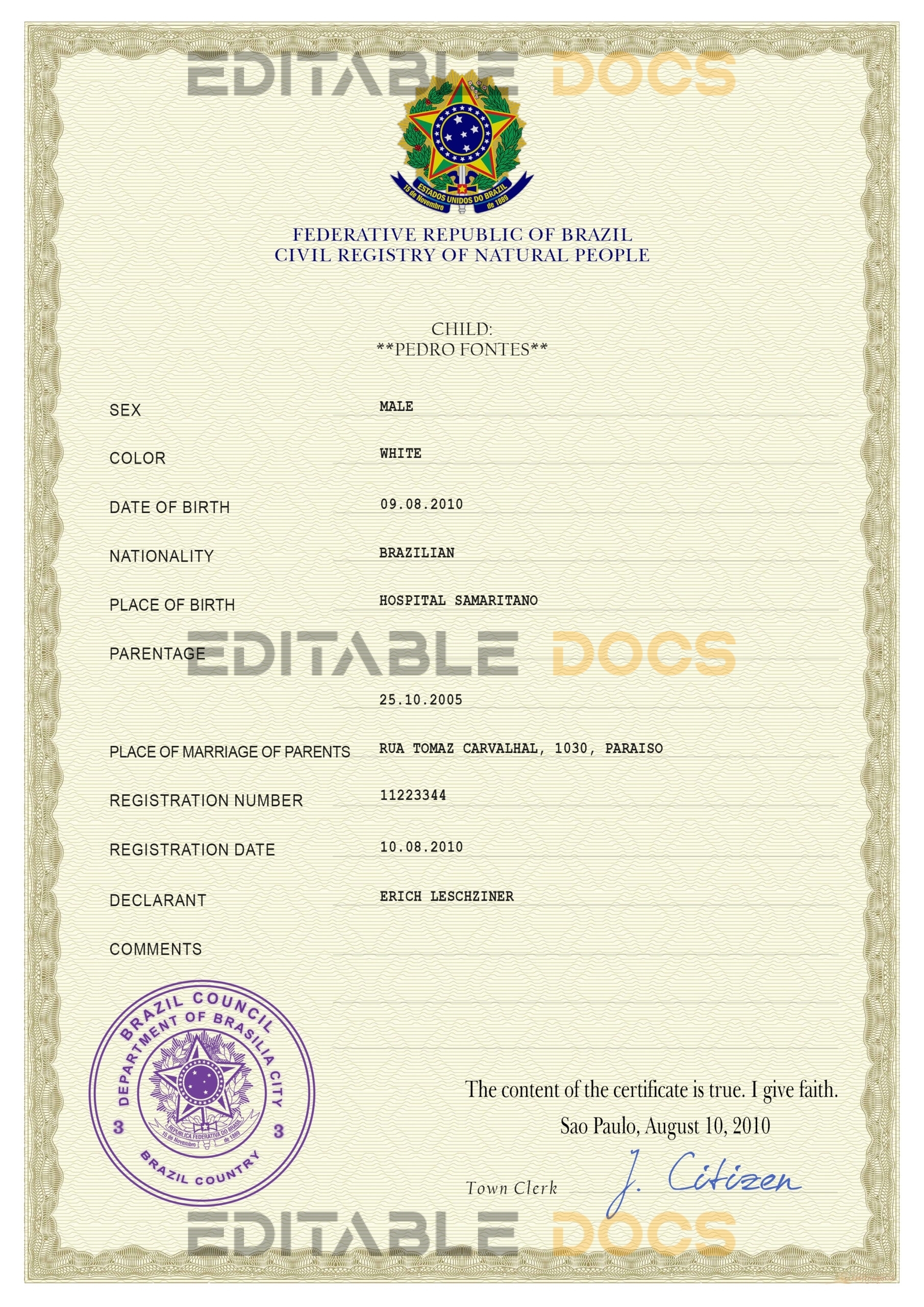 Authentic Brazil Birth Certificate Template | Customize and Download Online