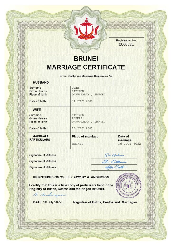 Brunei Marriage Certificate Editable PDF Templates