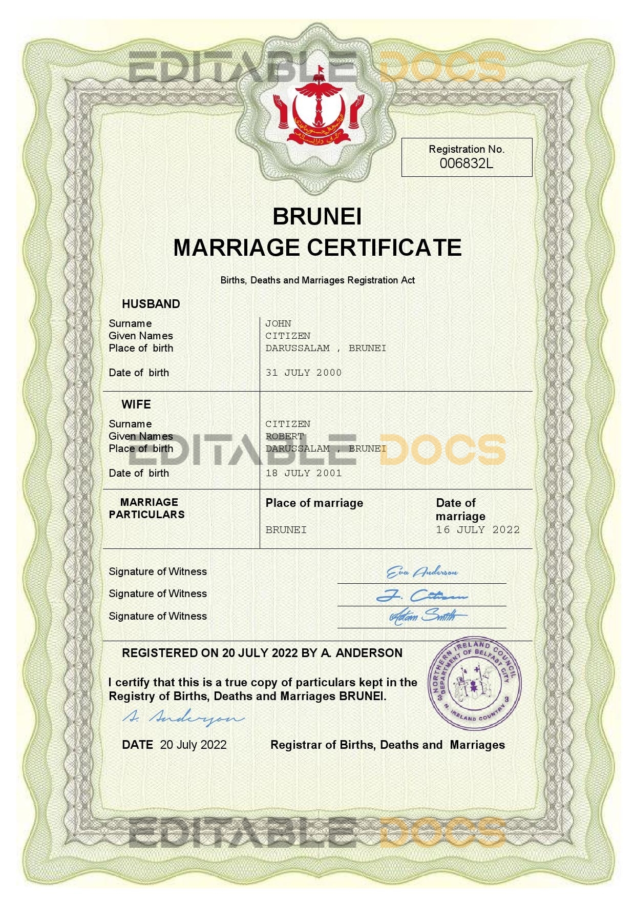 Brunei Marriage Certificate | Editable PDF Templates
