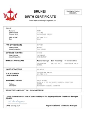 Brunei vital record birth certificate Word and PDF template