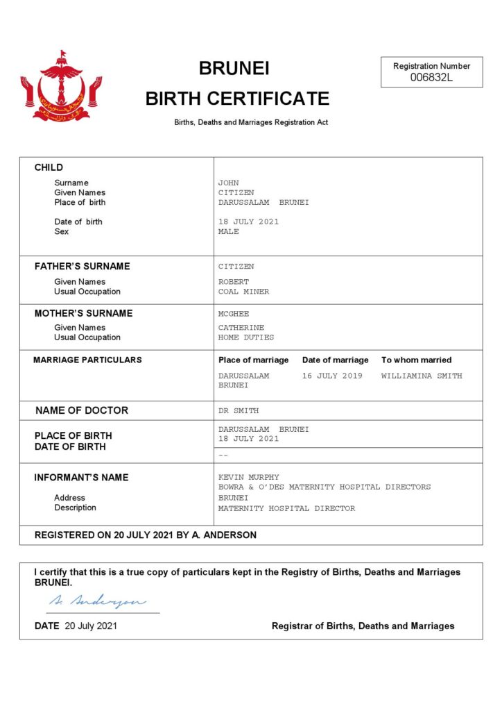 Brunei vital record birth certificate Word and PDF template