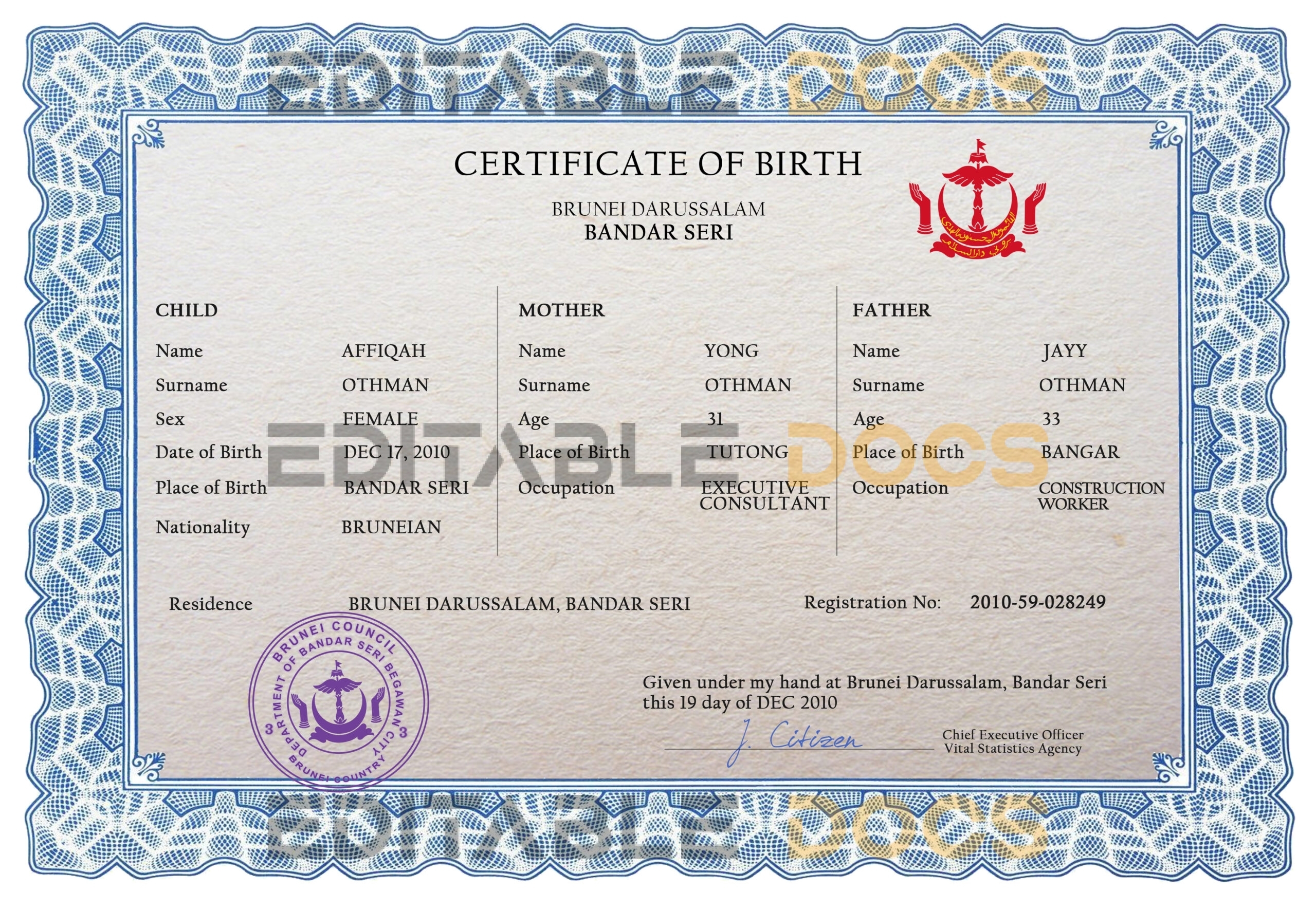 Authentic Brunei Birth Certificate Template | Customize and Download Online