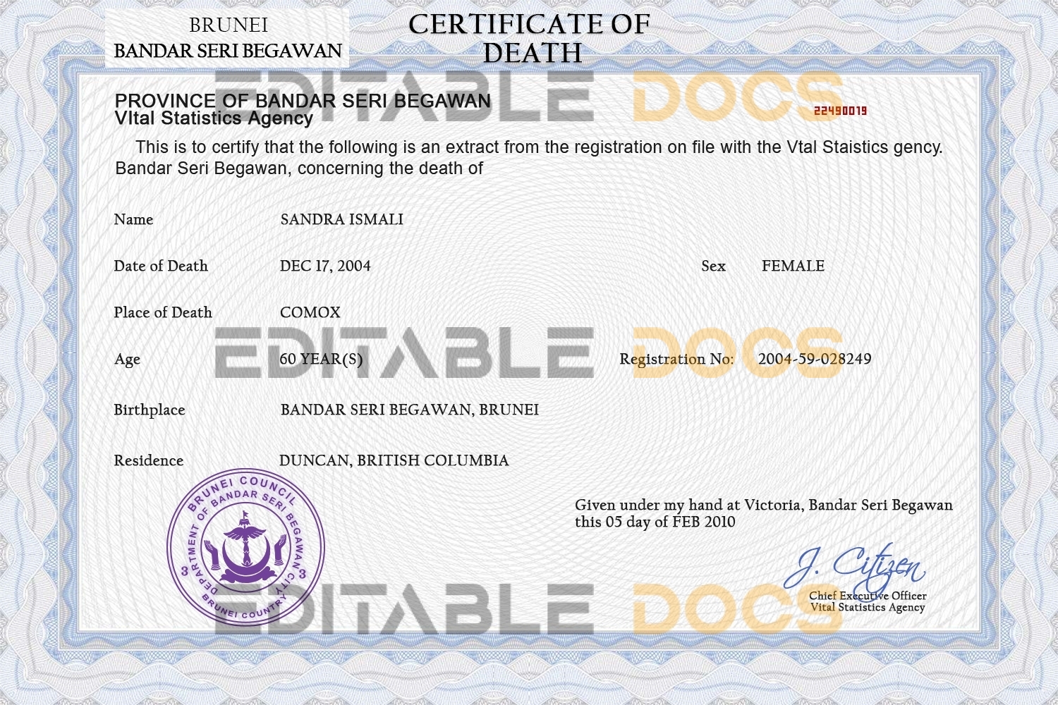 Customizable Brunei Death Certificate PSD Templates | Instant Download