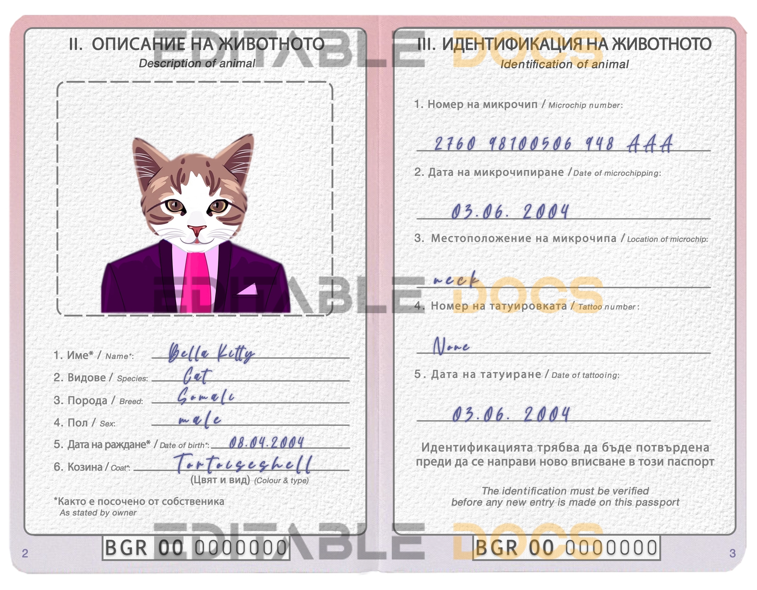 Bulgaria cat Fake PSD Passport | Instant Download