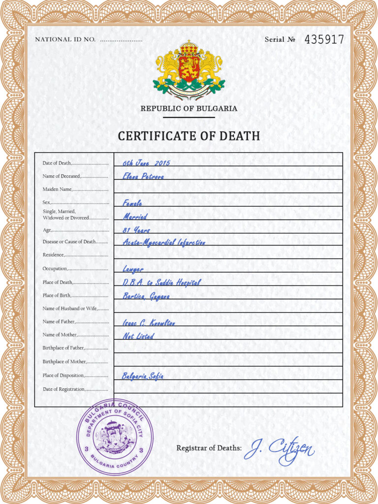 Bulgaria death certificate PSD template, completely editable