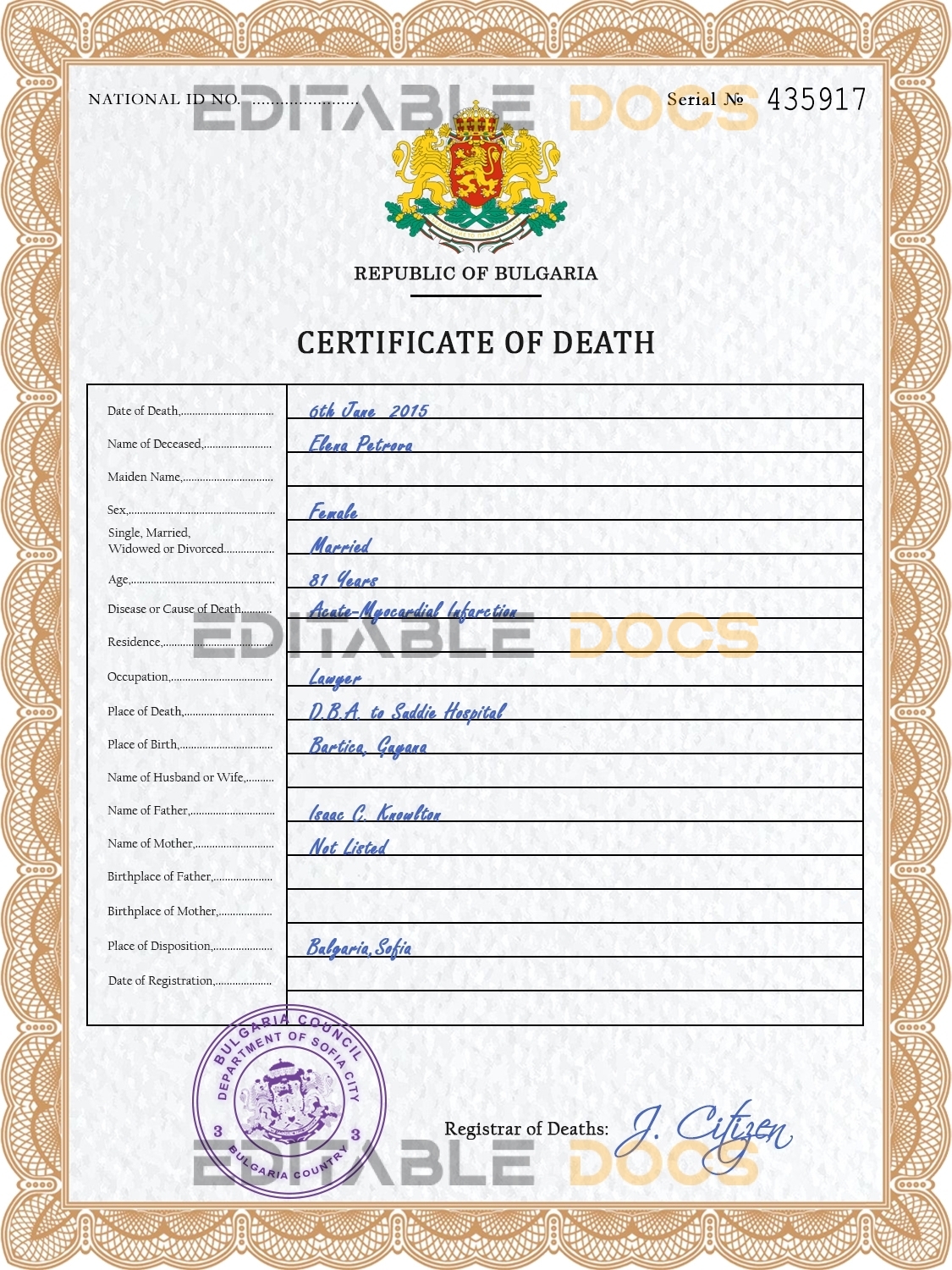 Customizable Bulgaria Death Certificate PSD Templates | Instant Download