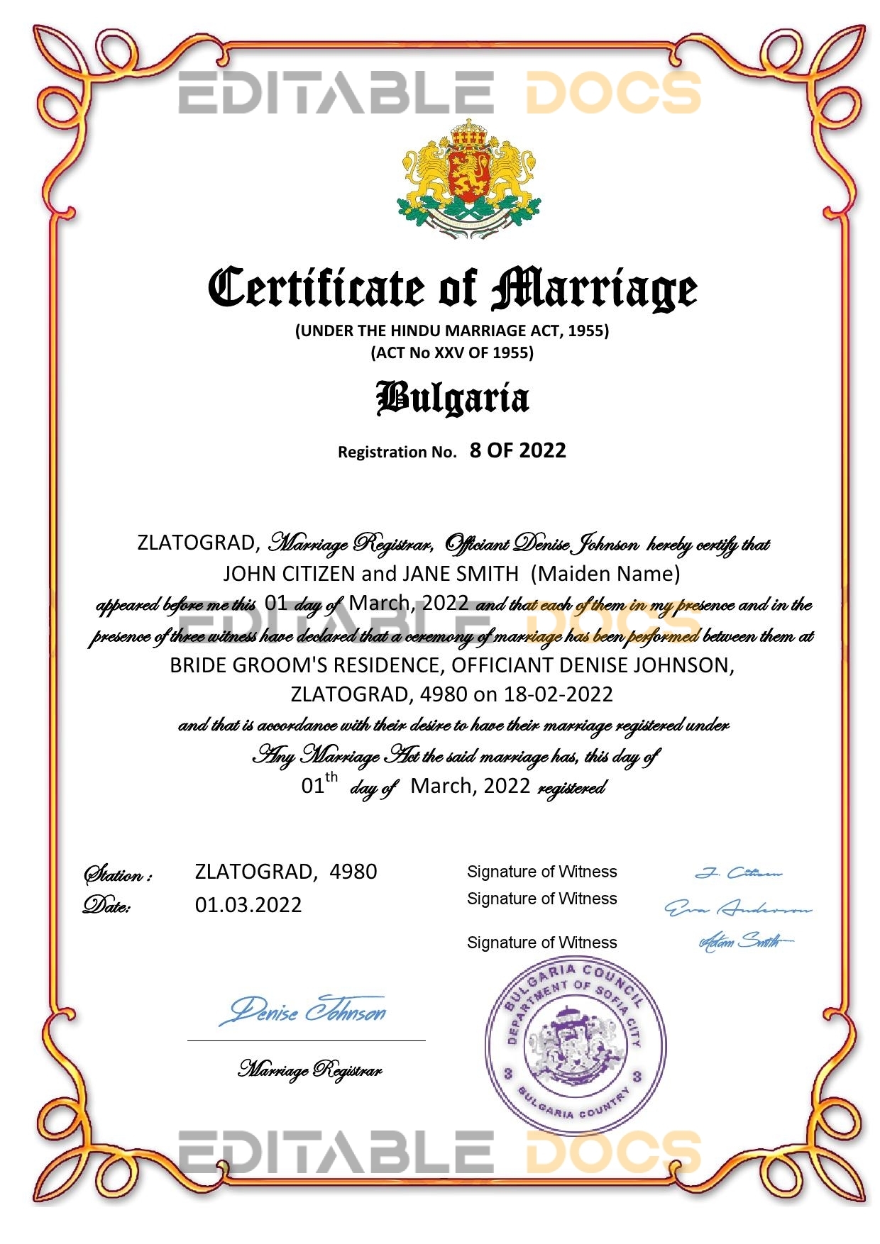 Bulgaria Marriage Certificate | Editable PDF Templates
