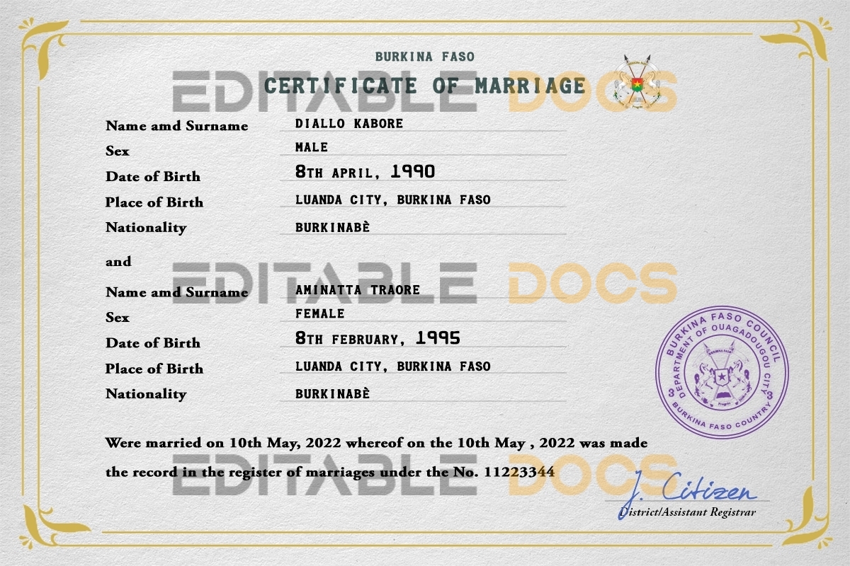 Burkina Faso Marriage Certificate | Editable PSD Templates