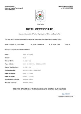 Burkina Faso birth certificate Word and PDF template, completely editable