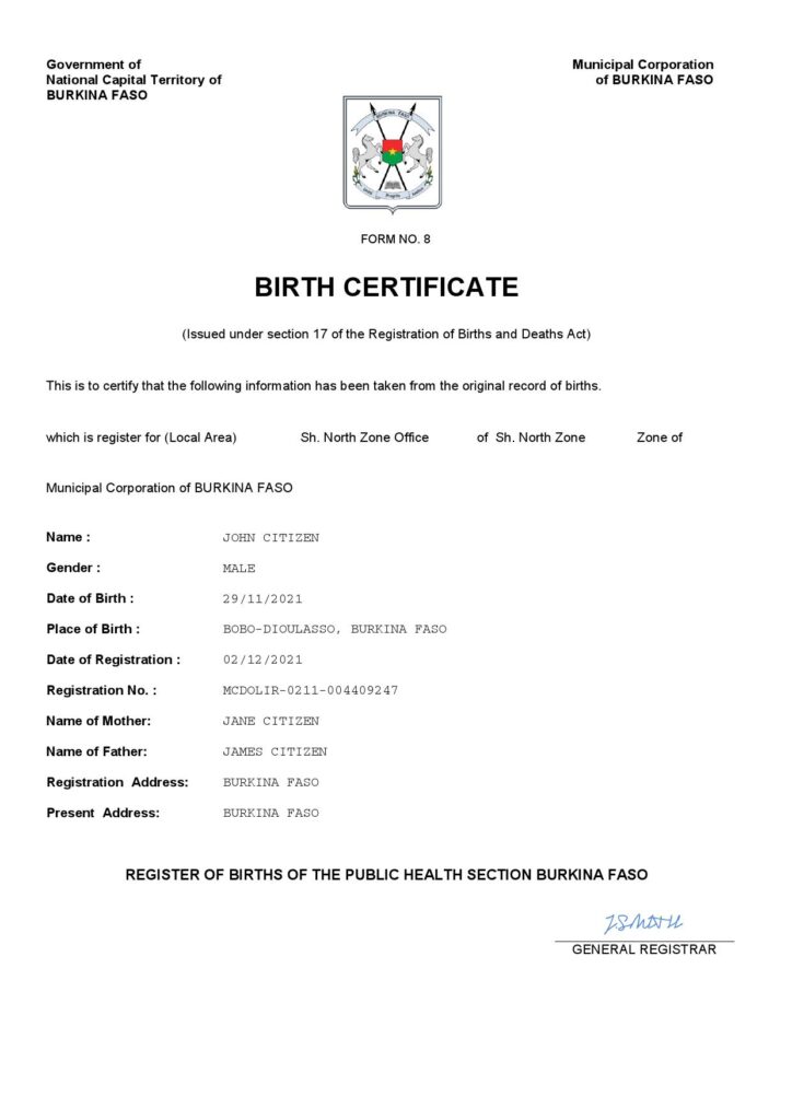 Burkina Faso birth certificate Word and PDF template, completely editable