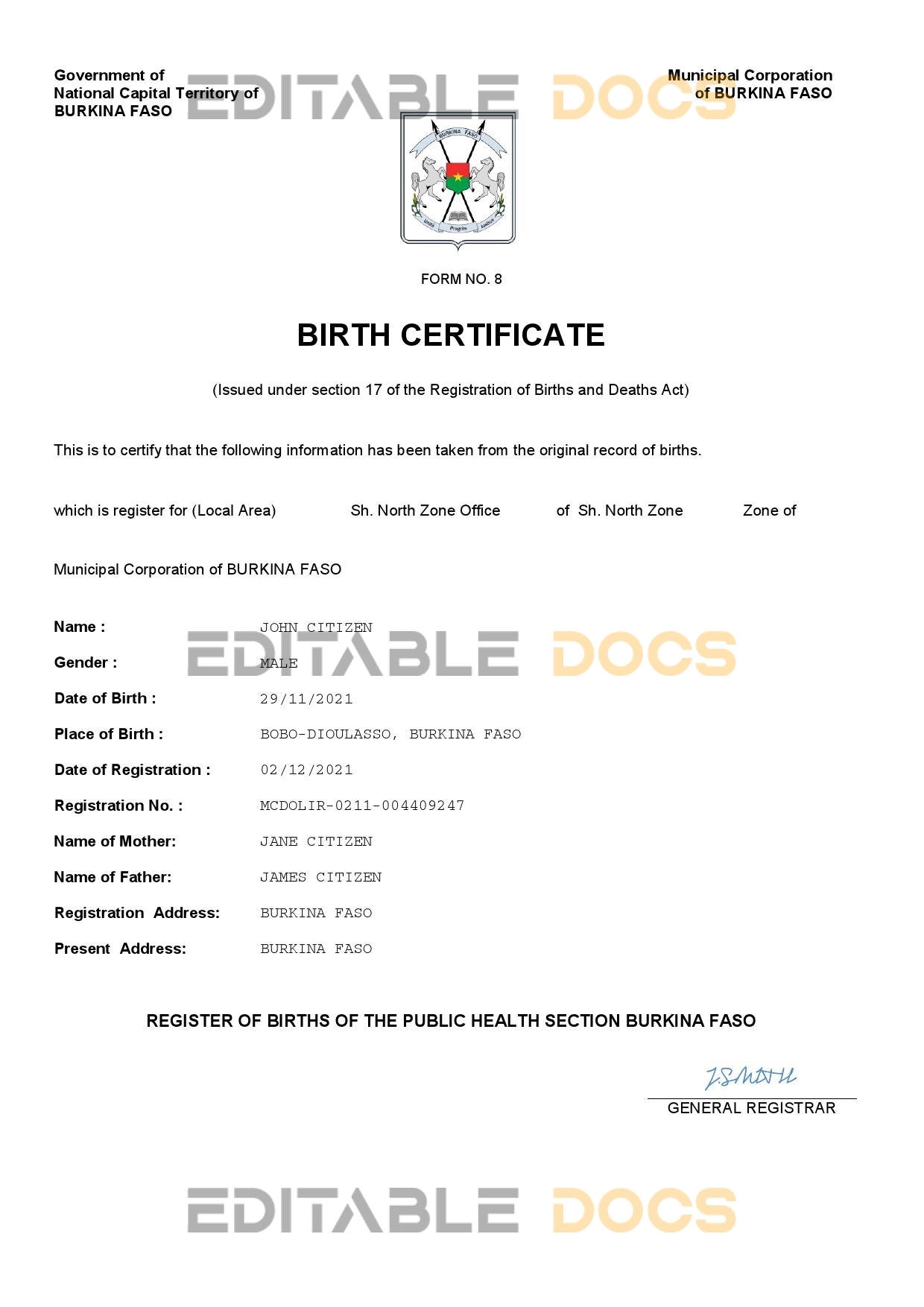 Authentic Burkina Faso Birth Certificate Template | Customize and Download Online