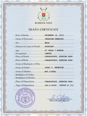 Burkina Faso vital record death certificate PSD template, completely editable