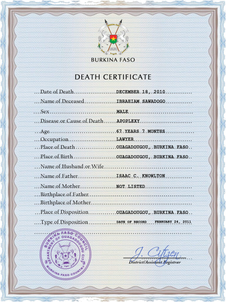 Burkina Faso vital record death certificate PSD template, completely editable
