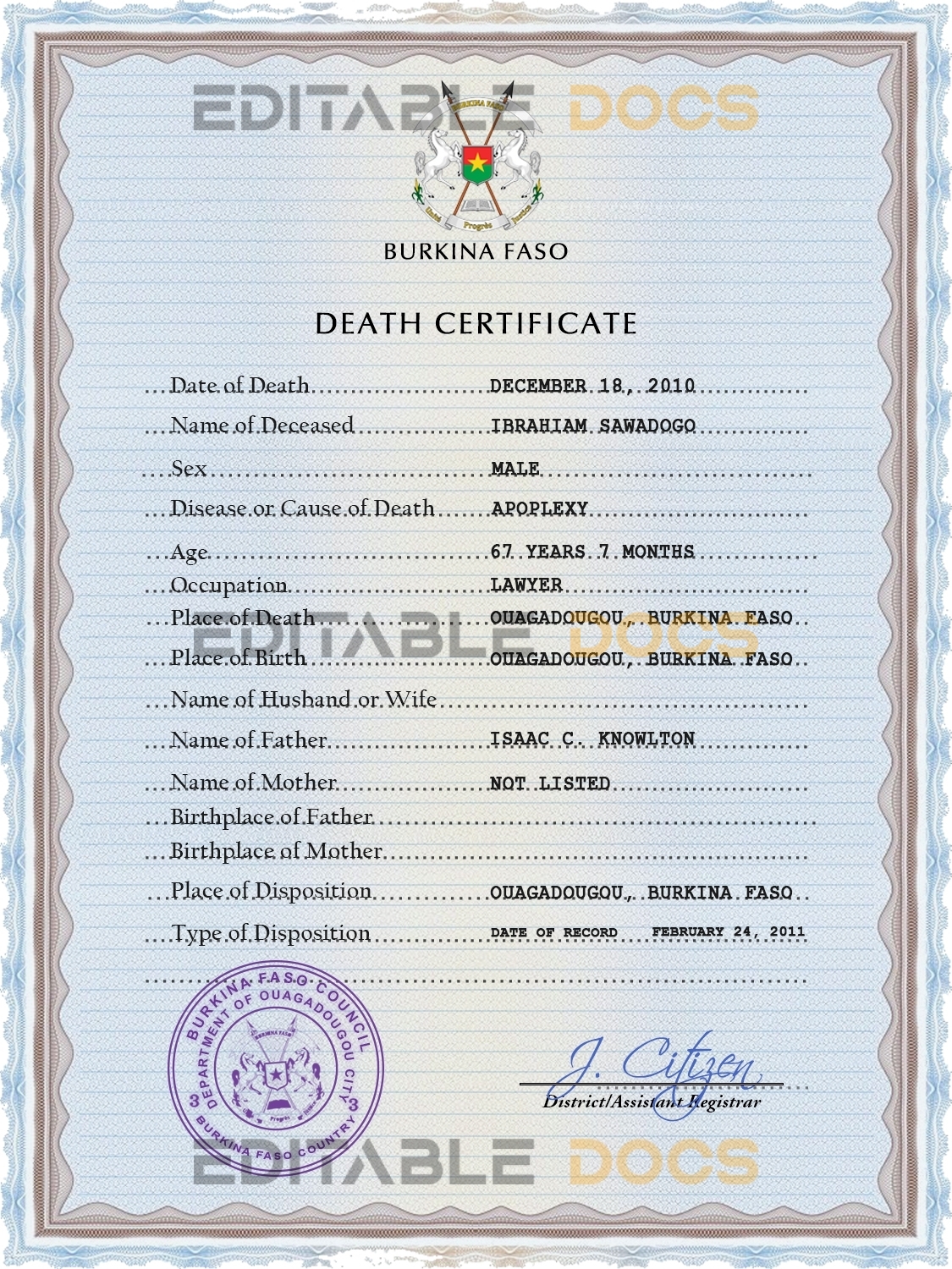 Customizable Burkina Faso Death Certificate PSD Templates | Instant Download