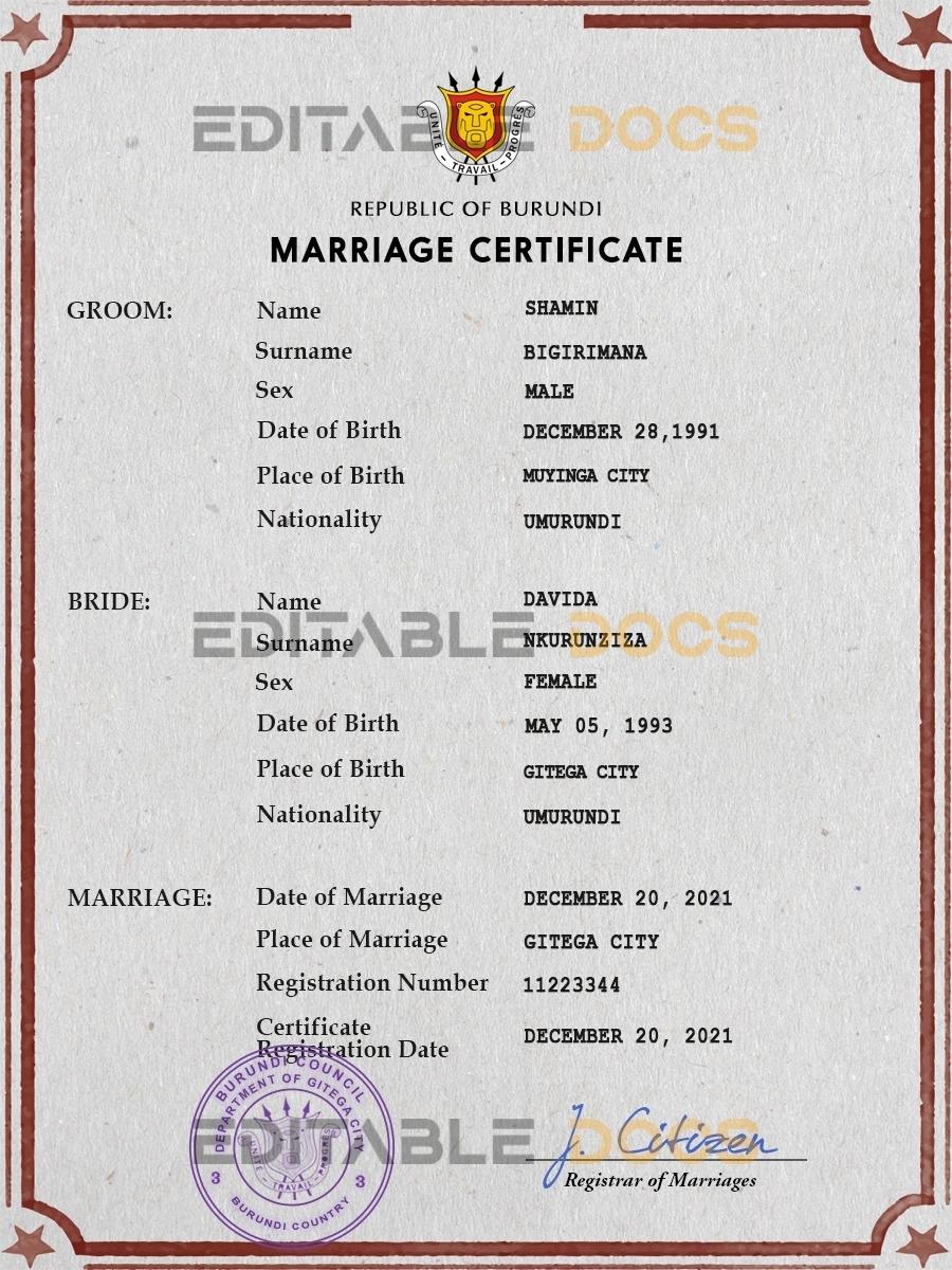 Burundi Marriage Certificate | Editable PSD Templates
