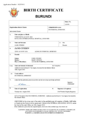 Burundi vital record birth certificate Word and PDF template, completely editable