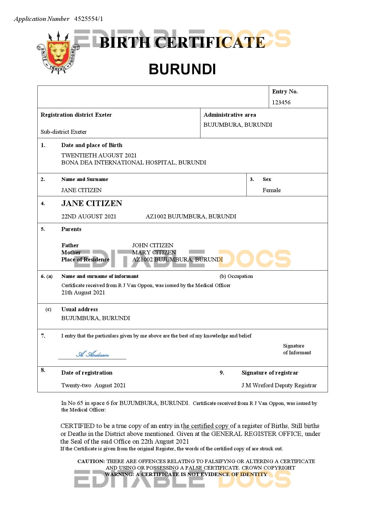 Authentic Burundi Birth Certificate Template | Customize and Download Online