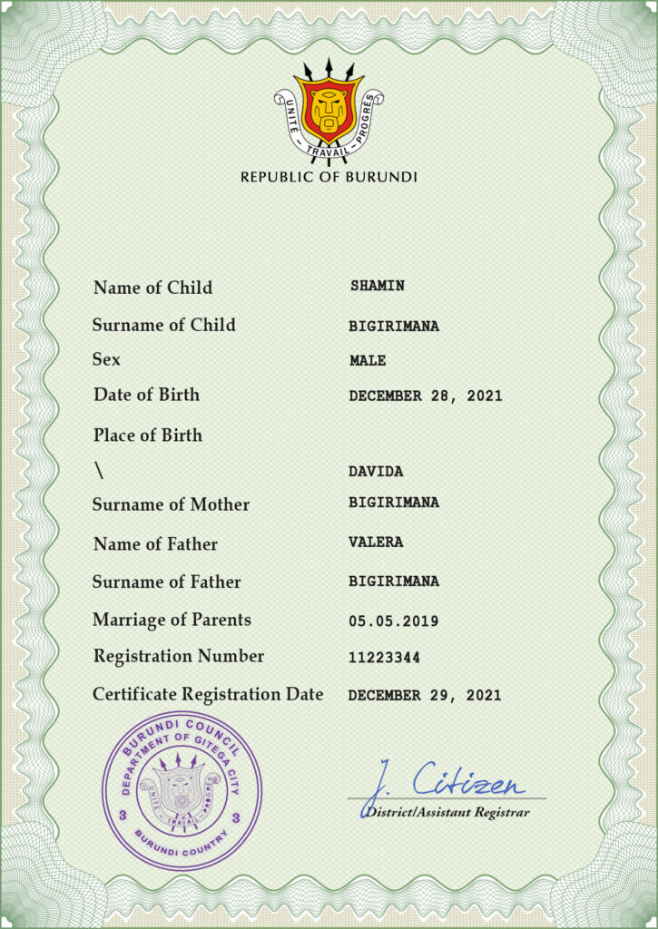 Authentic Burundi Birth Certificate Template | Customize and Download Online