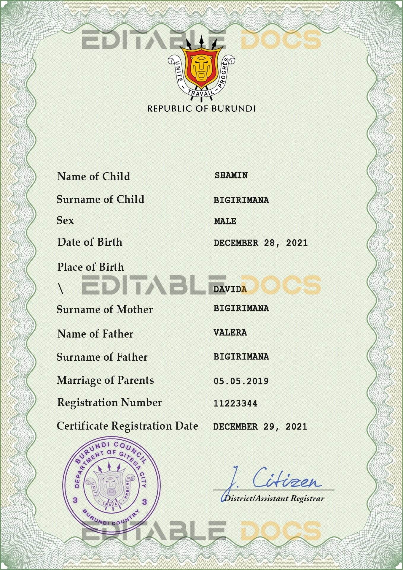 Authentic Burundi Birth Certificate Template | Customize and Download Online