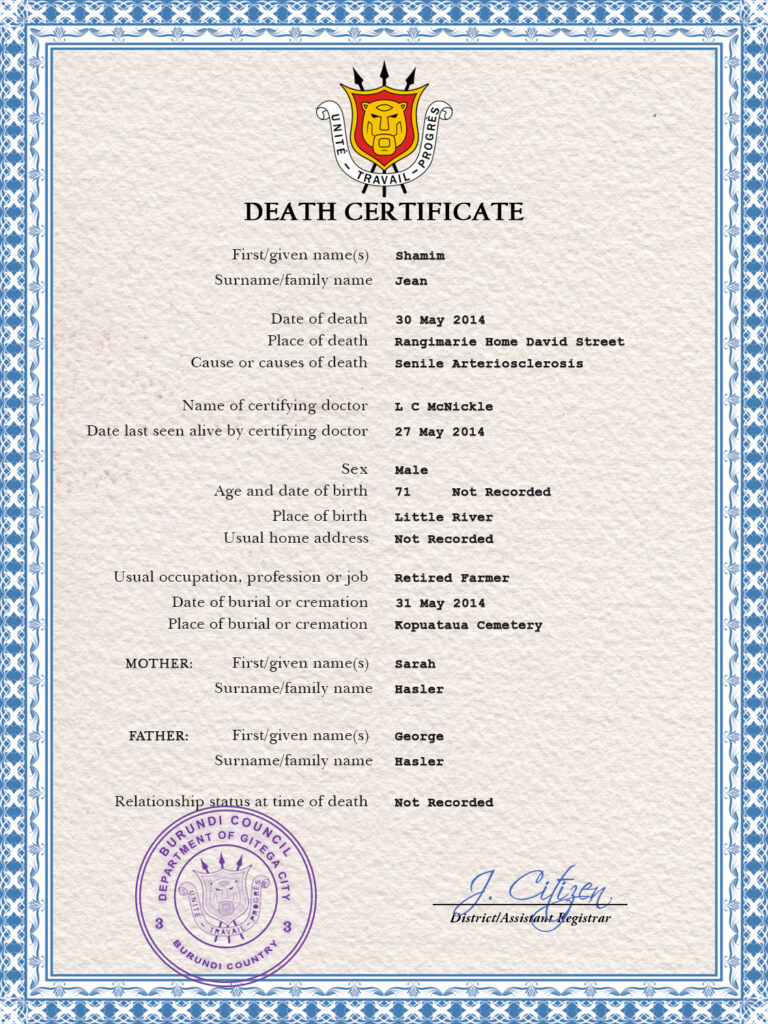 Burundi vital record death certificate PSD template
