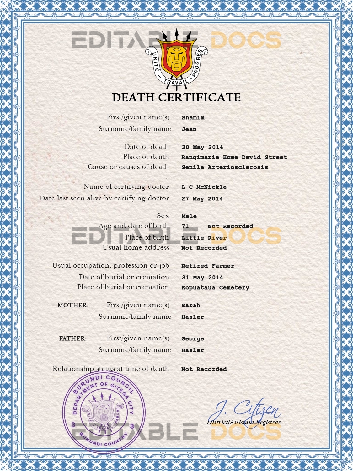 Customizable Burundi Death Certificate PSD Templates | Instant Download
