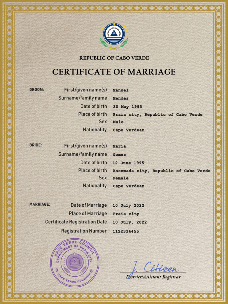 Cabo Verde Marriage Certificate Editable PSD Templates
