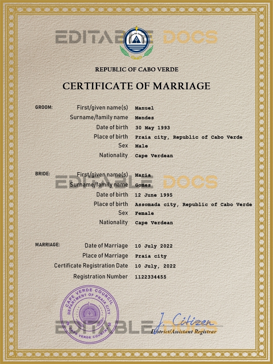 Cabo Verde Marriage Certificate | Editable PSD Templates