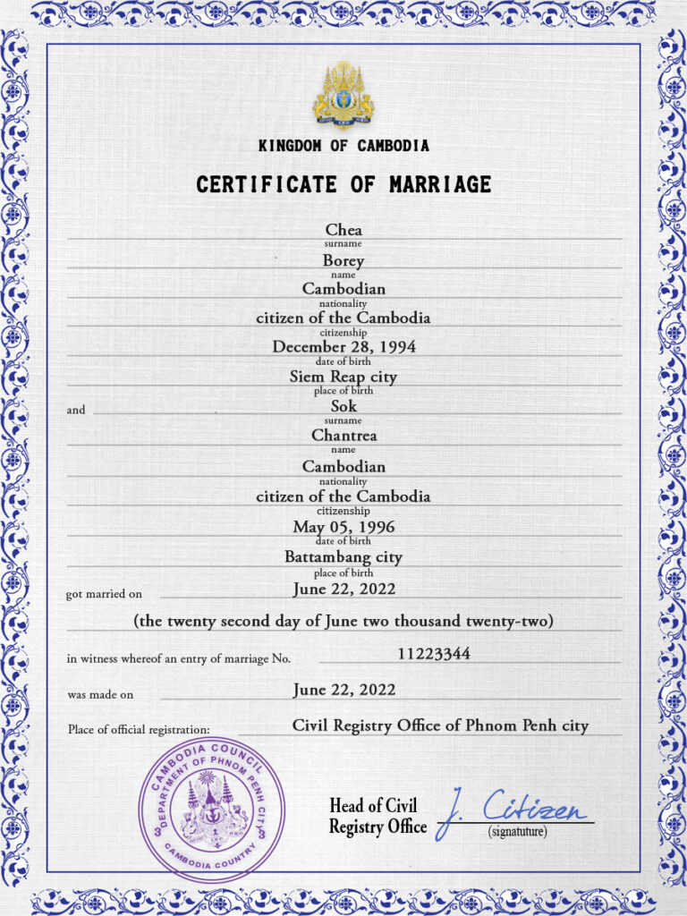 Cambodia Marriage Certificate Editable PSD Templates