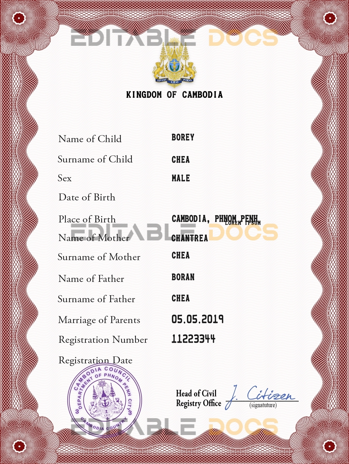 Authentic Cambodia Birth Certificate Template | Customize and Download Online